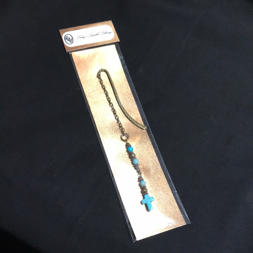 Metal Shepherd's Hook Bookmark w/Chain Metal Beads Turq Magnesite Gemstone Beads